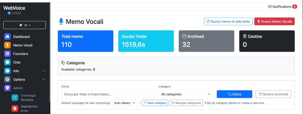 WebVoice Voice memos: list, search, categories and recording